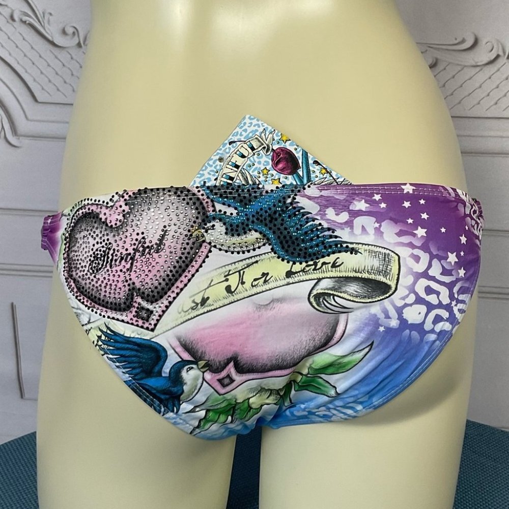 Sinful By Affliction Tropic Pyramid Bikini Bottom Hearts & Blue Birds XS NWT